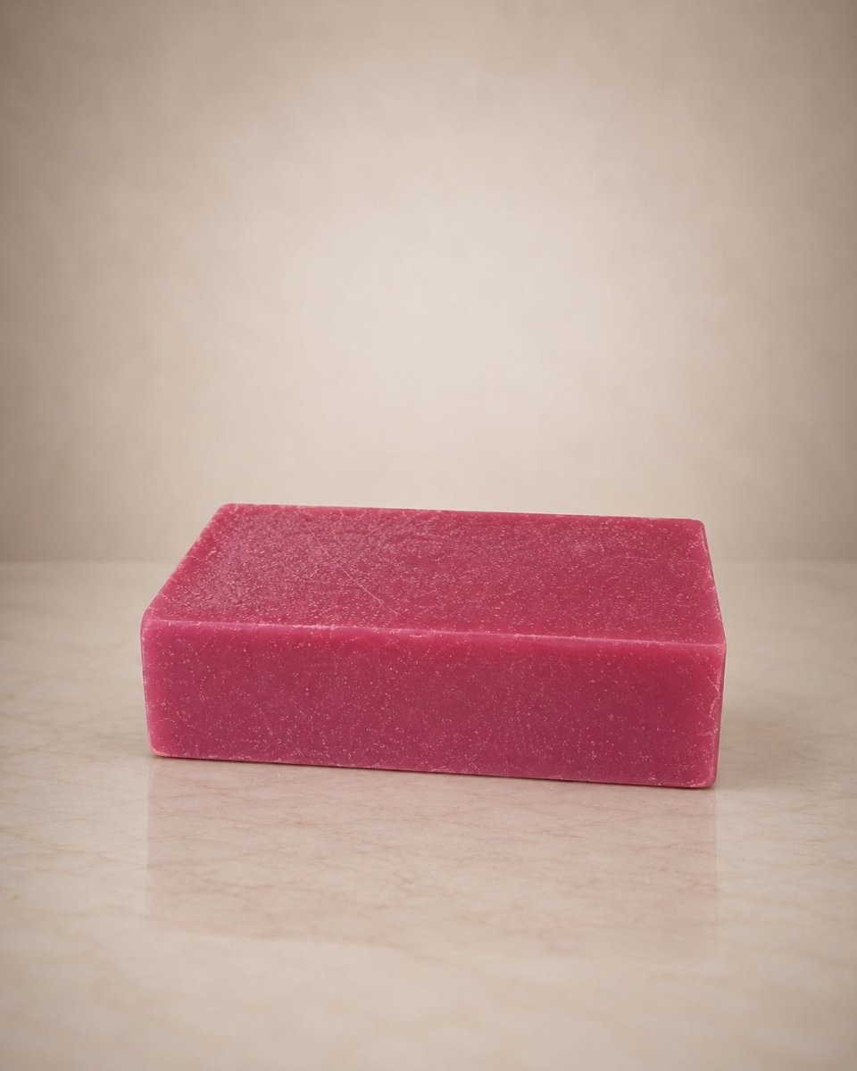 A rectangular bar of magenta pink soap standing upright on a light beige surface against a matching beige background.