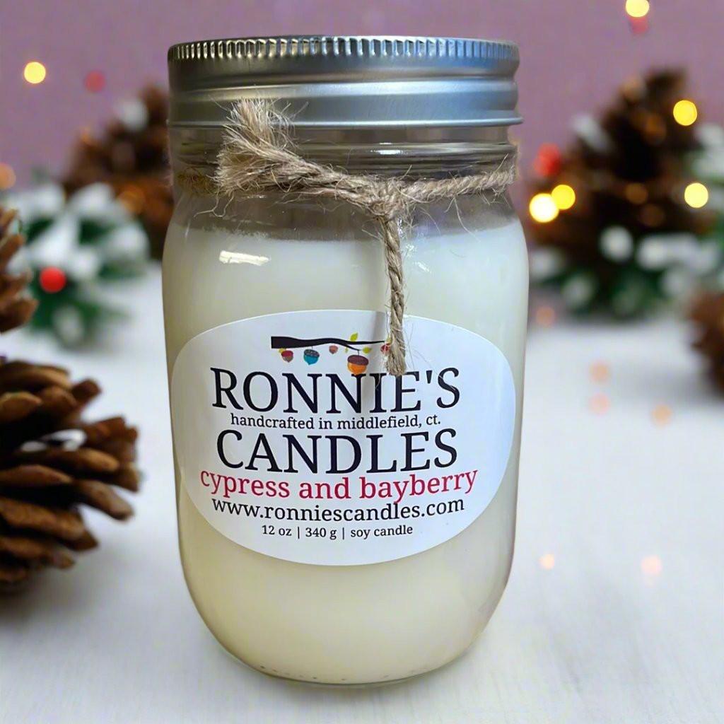 Luxurious Cypress Bayberry soy candle evoking elegant, natural serenity for refined ambiance