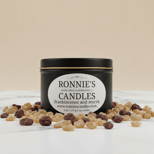 Frankincense and Myrrh soy candle emitting a soothing scent for relaxation and ambiance