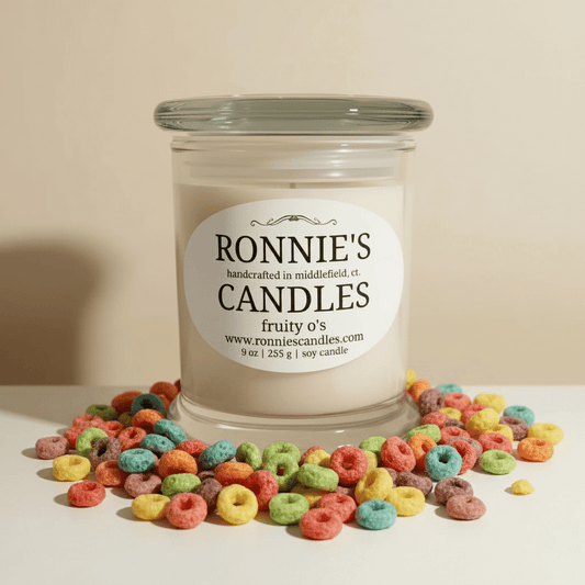 Fruity O's cereal-themed soy candle resembling breakfast loops - fragrant and decorative home scent