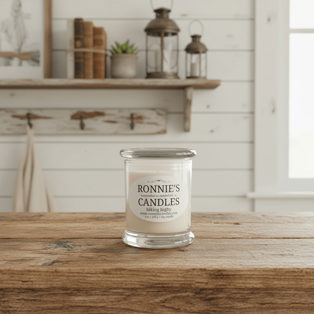 Cozy soy candle with pine and cedar scents perfect for relaxing after a hiking adventure