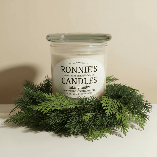 Cozy soy candle with pine and cedar scents perfect for relaxing after a hiking adventure