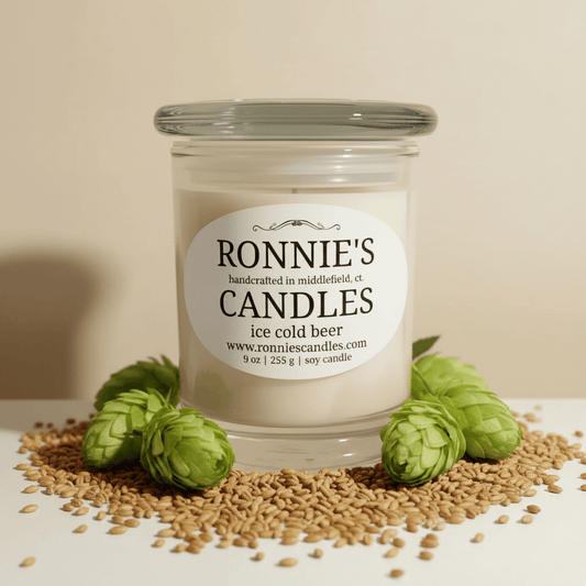 Ice Cold Beer soy candle featuring hops aroma, a unique beverage candle for refreshing home ambiance