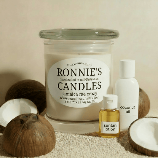 Jamaica-inspired soy candle with coconut scent and suntan oil aroma for a tropical, relaxing home vibe