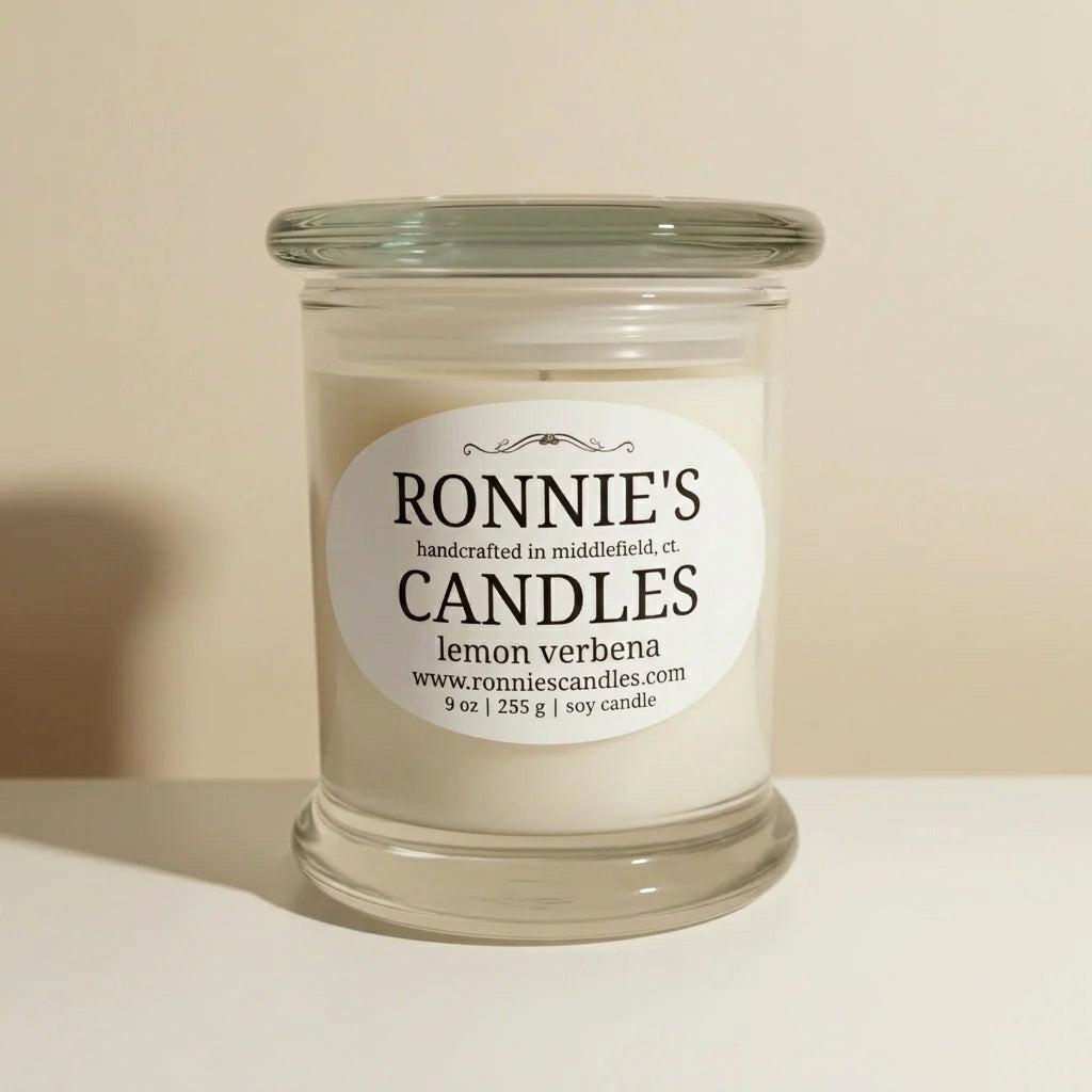 Lemon Verbena soy candle emitting refreshing citrus aroma, perfect for a calming and natural home ambiance