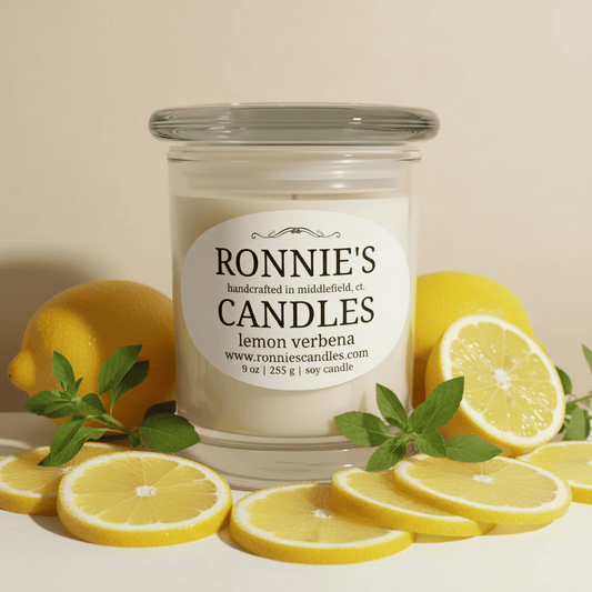 Lemon Verbena soy candle emitting refreshing citrus aroma, perfect for a calming and natural home ambiance