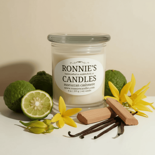 Moroccan cashmere soy candle emitting minimal soot for a clean and luxurious aromatic experience