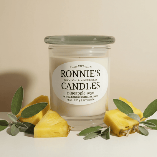 Soy candle scented with fruity pineapple and herbal sage for a fresh, natural ambiance