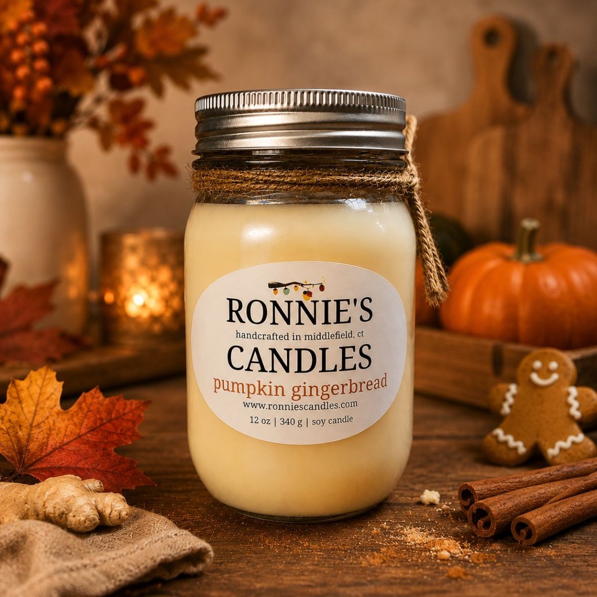 A 12 oz soy candle in a clear glass mason jar with a silver metal lid and a brown jute twine bow, labeled 'RONNY'S CANDLES pumpkin gingerbread'. The jar is styled on a rustic wooden table with autumn props including a small pumpkin, cinnamon sticks, ginger root, a gingerbread cookie, and a warm glowing candle in the background.