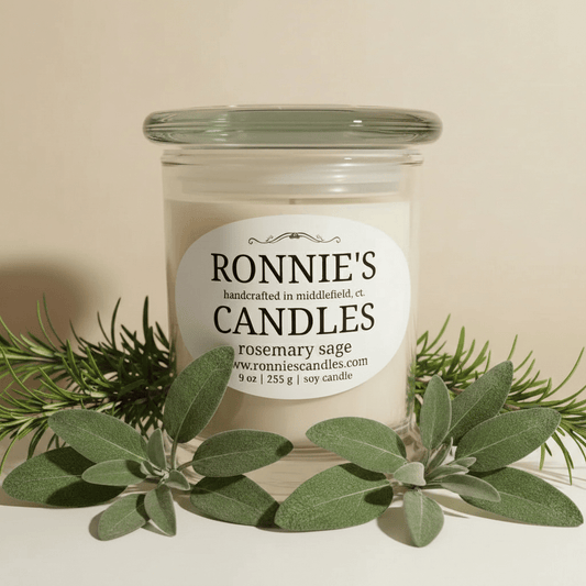 Long-burning soy candle infused with aromatic rosemary and sage for a soothing, natural fragrance experience.