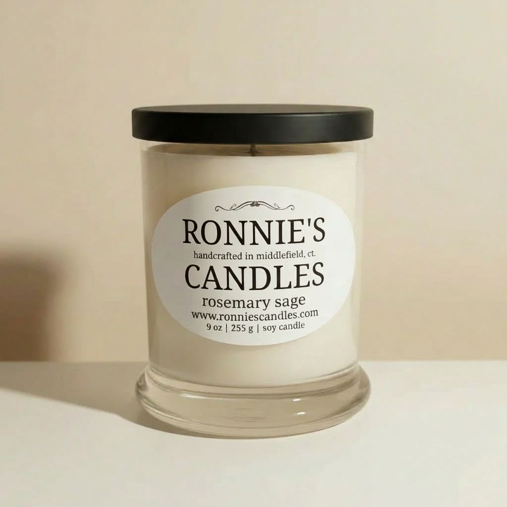 Candle with a black lid and label on a beige background