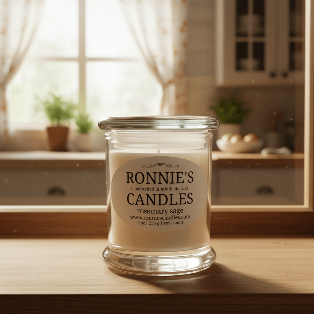 Long-burning soy candle infused with aromatic rosemary and sage for a soothing, natural fragrance experience.