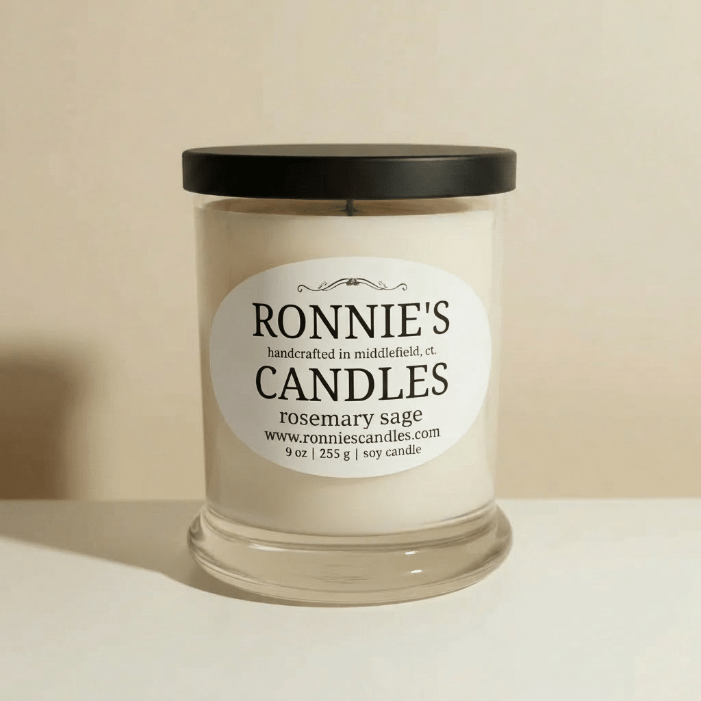 Long-burning soy candle infused with aromatic rosemary and sage for a soothing, natural fragrance experience.