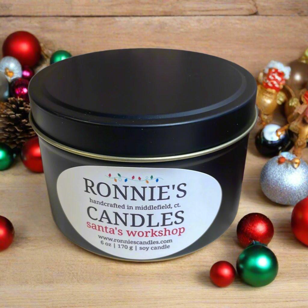 Santa's Workshop soy candle evoking holiday favorite scents of mulled cider for festive ambiance