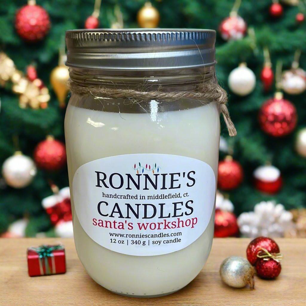 Santa's Workshop soy candle evoking holiday favorite scents of mulled cider for festive ambiance