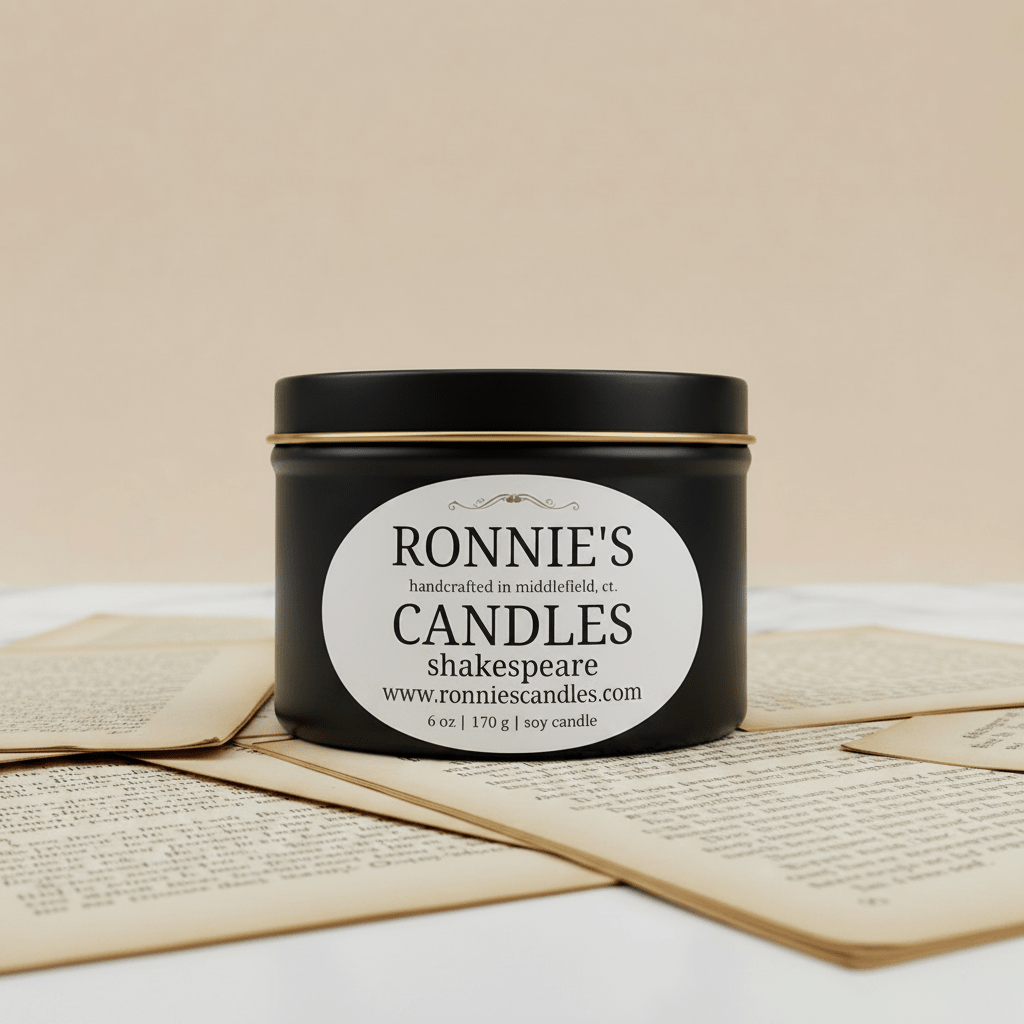 Shakespeare-themed soy candle evoking a library ambiance, reminiscent of classic literature and warm fragrances.