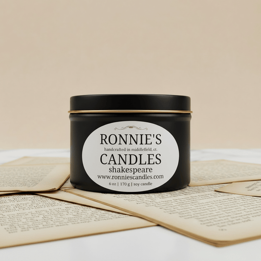 Shakespeare-themed soy candle evoking a library ambiance, reminiscent of classic literature and warm fragrances.