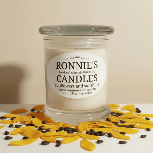 Sunflowers and floral soy candle evoking summer ambiance with natural scents for home decor