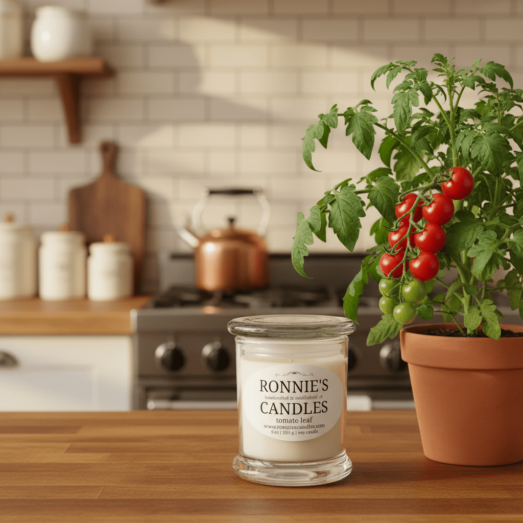 Soy candle in a glass jar infused with fresh tomato scent, perfect for a natural and cozy ambiance