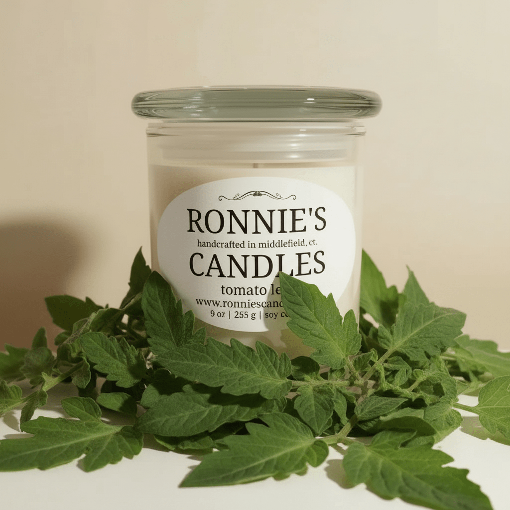 Soy candle in a glass jar infused with fresh tomato scent, perfect for a natural and cozy ambiance