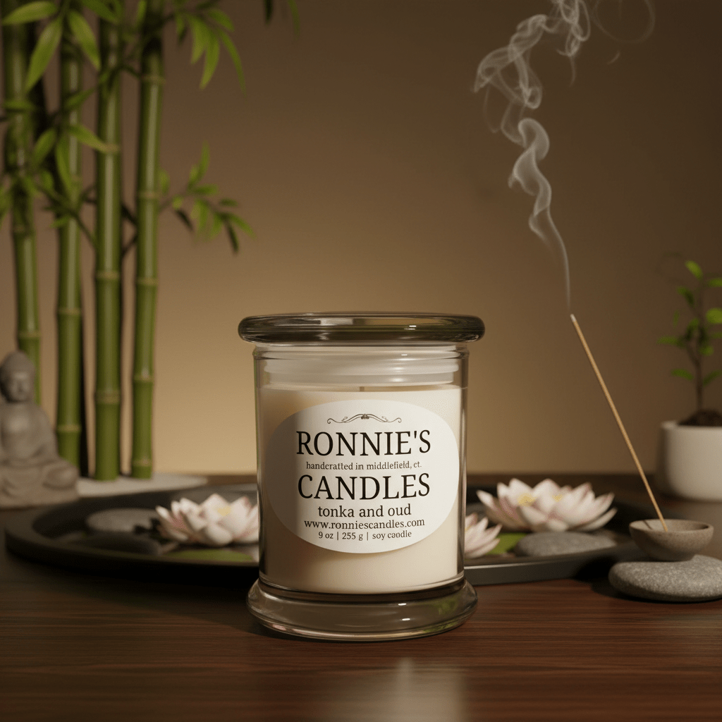 Tonka and Oud soy candle with a strong masculine scent, perfect for a lasting fragrance