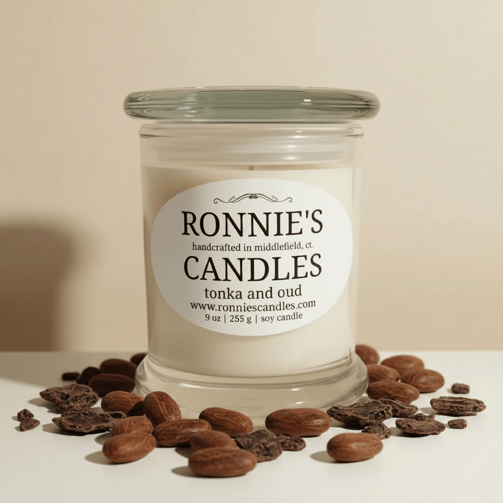 Tonka and Oud soy candle with a strong masculine scent, perfect for a lasting fragrance