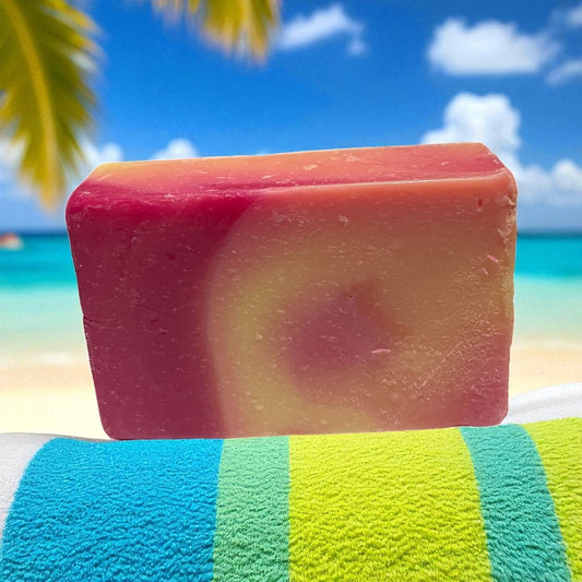 Tropical holiday soap bar infused with exotic tropical fragrance for a refreshing and aromatic bathing experience