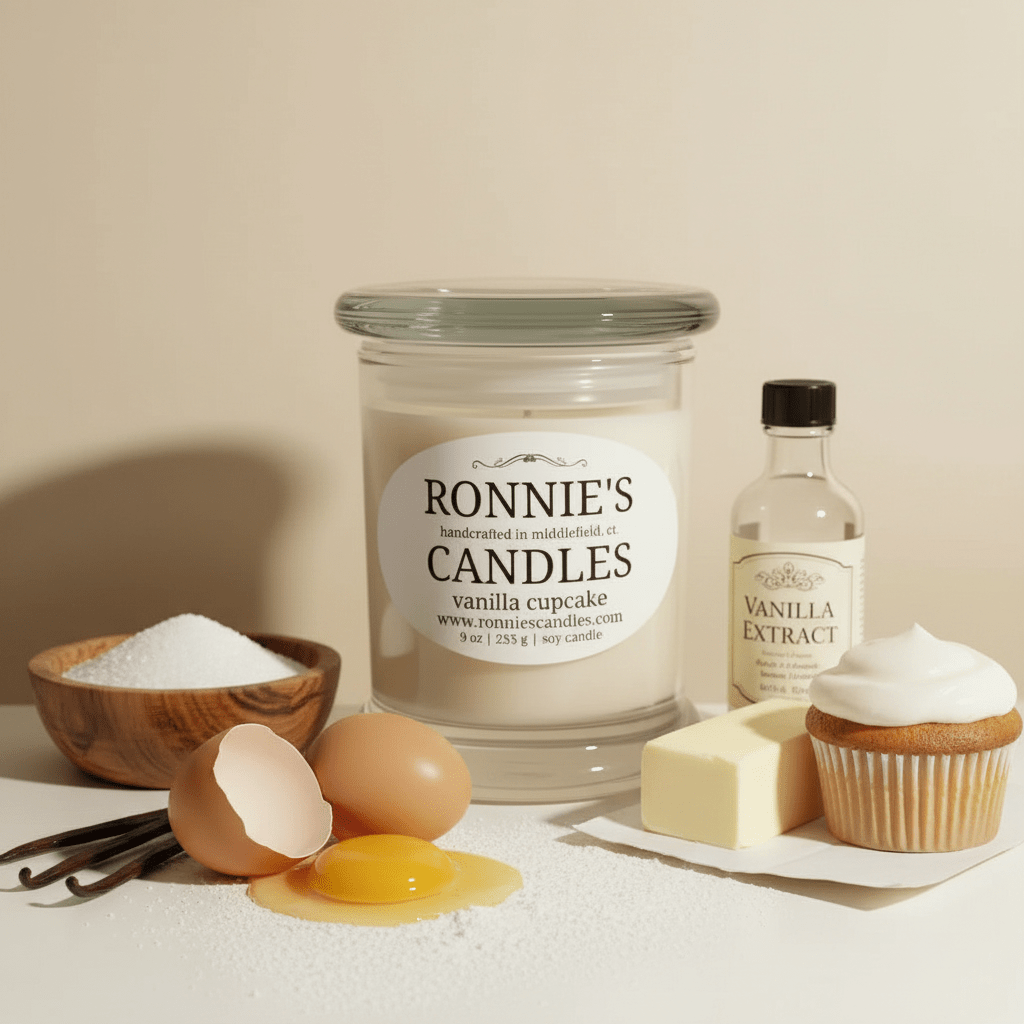 Soy wax candle emitting a classic scent of vanilla cupcake, perfect for soothing ambiance and aromatic delight.