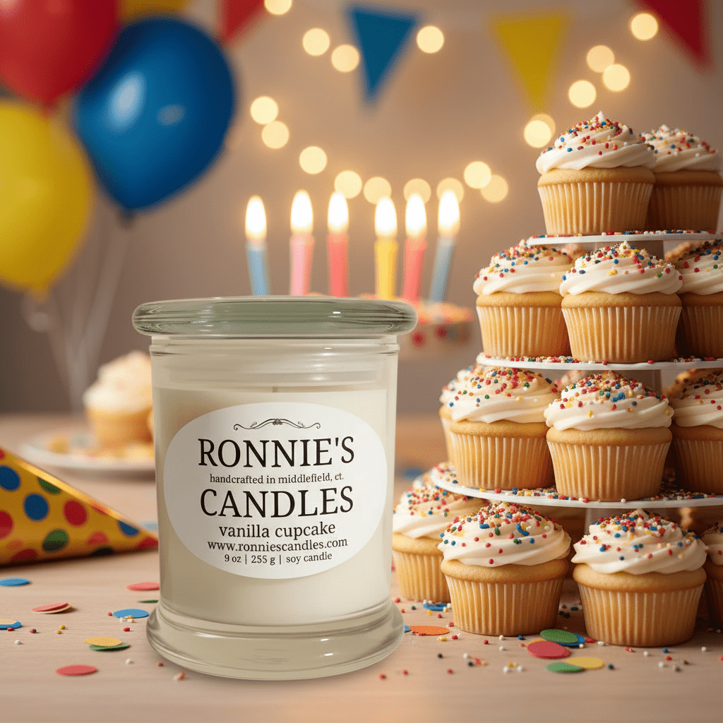 Soy wax candle emitting a classic scent of vanilla cupcake, perfect for soothing ambiance and aromatic delight.